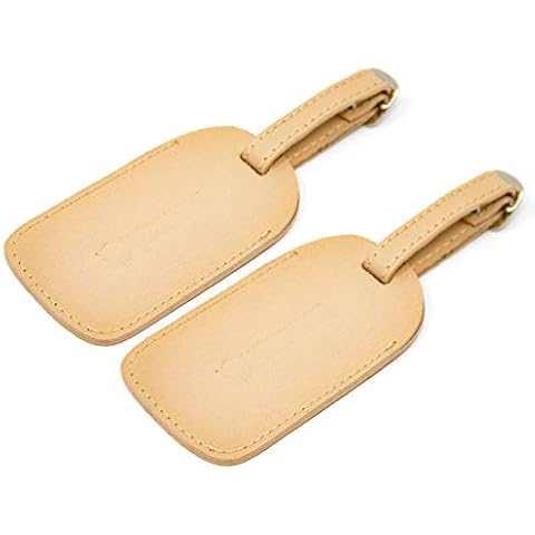 Logical Leather Luggage Tag Genuine Leather Travel ID Tags with Adjustable Leather Strap, Address Card and Privacy Cover, Tan, Set of 2 Cover