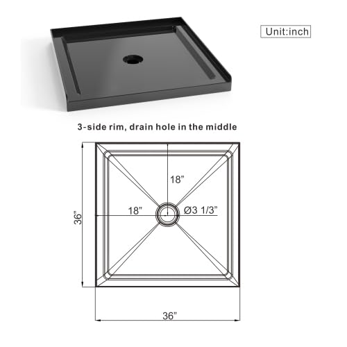 Image of Casaphoria 36 inch x 36 inch Shower Base Pan with 3.5 inch Center Drain Hole,Shower Pan Five-Layer Acrylic + ABS Processing, Non-Slip Shower Enclosure Base for Bathroom, Single Threshold Black