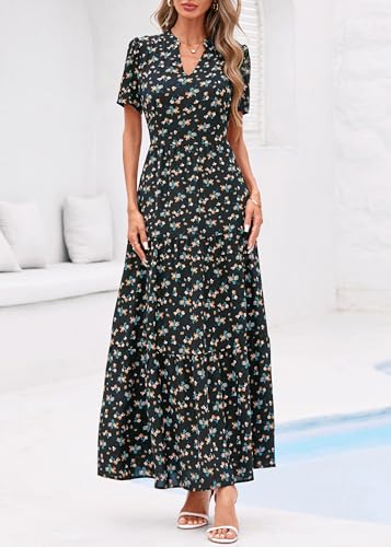 Image of KIRUNDO Womens Floral Boho Flowy Maxi Dress | Short Sleeve, V Neck, Empire Waist, A Line, 2026 Summer Beach Vacation Long Dresses With Pockets, Cocktail Party Outfits