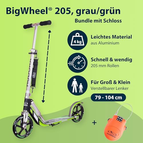HUDORA BigWheel 205 Scooter mit/ohne Kabelschloss - Stabiler Aluminium-Roller - H&ouml;henjustierbarer & zusammenklappbarer Cityroller mit St&auml;nder - Kinder- & Erwachsenenroller f&uuml;r bis zu 100kg