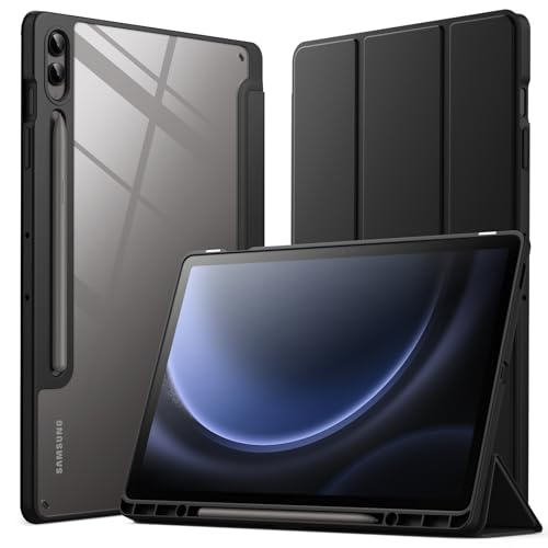 JETech Case for Samsung Galaxy Tab S9 FE+ / S9 FE Plus 12.4-Inch with S Pen Holder Clear Transparent Hard PC Back Protective Tri-Fold Stand Tablet Cover Auto Wake/Sleep (Black)
