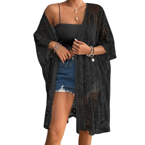 Qianderer Women's Lace Kimonos Bikini Cover-Up Summer Beach Coverup Swimsuit 3/4 Sleeves Open Front Sheer Mesh Crochet Kimono Cardigan (Ba Black, One Size)