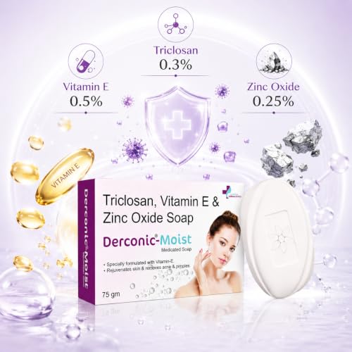 Image of Derconic Moist Antibacterial Soap with Triclosan, Vitamin E & Zinc Oxide | Acne & Pimple Removal Moisturizing Medicated Soap for Men & Women | 75 gm