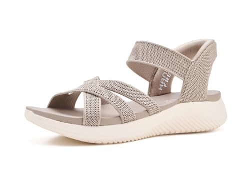 Skechers Women's ULTRA FLEX 3.0 SANDAL - FOREVER BETTER Hands Free Slip-ins, Knit cross strap sandal, Taupe, 7.5M