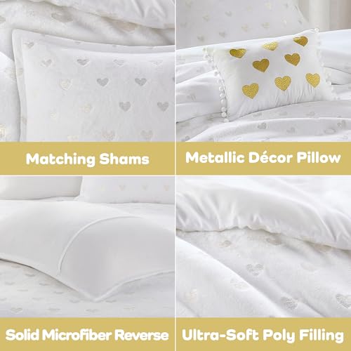 Image of Intelligent Design Queen Comforter Set, 4 Piece Metallic Hearts Bedroom Set for Girls, Queen Bed Set Soft Plush Comforter, Rosalie All Season Fluffy Bedding Set, Full /Queen, White /Gold 4 Piece