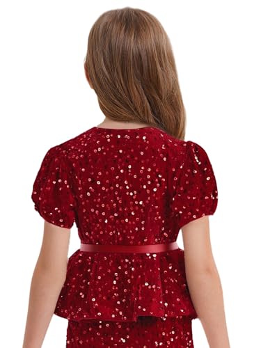 Kids Girls Sparkly Peplum Tops Short Sleeve Sequin Dressy Blouses Party Glitter Velvet Shirts4