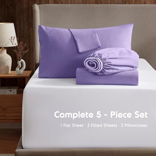 Image of Nestl Split King Bed Sheet Set - Lavender - 5-Piece Deep Pocket | Instantly Soft, Night-One Ready (No Wash Required). Fits 16-Inch Deep Pockets, 360-Degree Elastic Grip