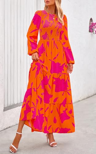 Image of PRETTYGARDEN Women's Fall Dresses 2026 Long Sleeve Flowy Casual Floral Maxi Dress Crew Neck Smocked Tiered Long Dress