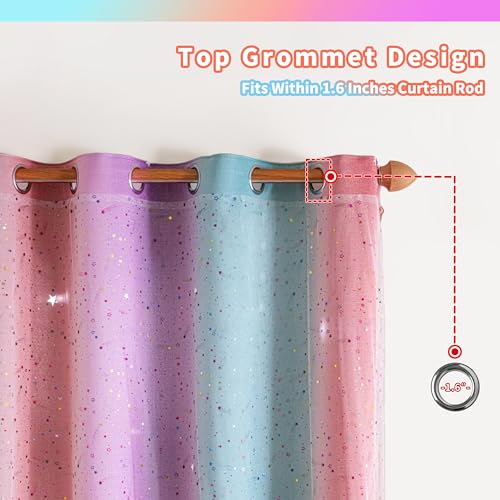 Image of 52x45 2-in-1 Double-Layer Kids & Girls Unicorn Princess Ombre Blackout Curtains with Foil Print Sheer, 2 Panels Set - Purple Green Pink
