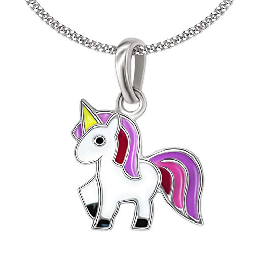 Clever Schmuck Ensemble de pendentif en argent pour enfant - Petite licorne de 13 mm - Multicolore laqué et chaîne gourmette de 40 cm - En argent sterling 925 - Pour fille Cover