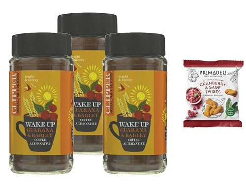 Clipper Organic Wake Up Coffee Alternative 125g (Pack of 3) + Primadeli Snack| Natural Guarana & Barley Blend |New Whole Earth Branding | From SuperfoodUK