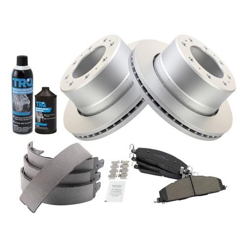 Image of TRQ Rear Brake Pad & Rotor Kit, with Chemical Kit Parking Brake Shoe Set Semi-Metallic Premium G-Coated Compatible with 2009-2010 Dodge Ram 2500, 3500 2011-2018 Ram 2500 3500
