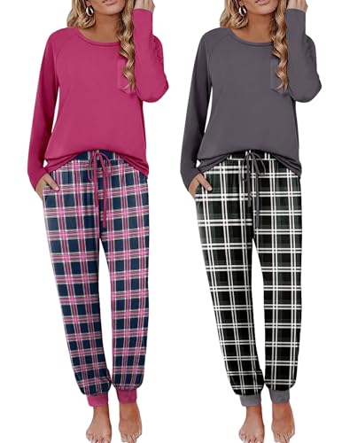 Image of Ekouaer 2 Pack Womens Pajama Sets Long Sleeve Pjs Soft Comfy Lounge Set