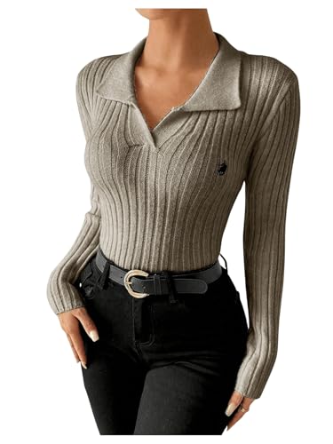 SHENHE Women's Ribbed Knit Pullover Sweater Long Sleeve Collared Basic Sweater Knitwear