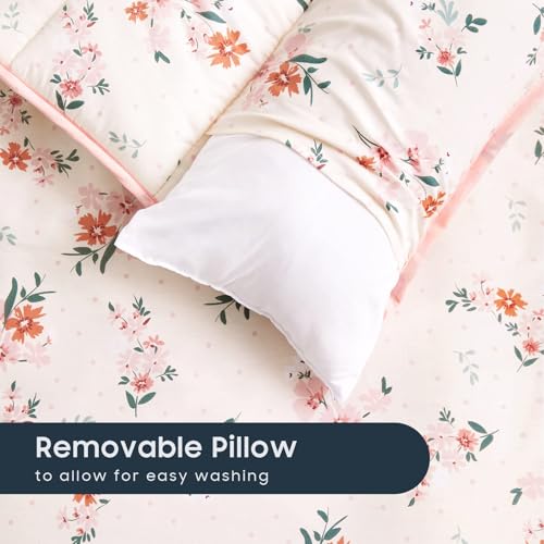 Image of Wake In Cloud - Toddler Nap Mat with Pillow and Blanket, 100% Cotton Fabric, for Kids Girls Ages 3 Plus in Daycare Kindergarten Preschool, Roll Up Sleeping Bag, Floral Flowers