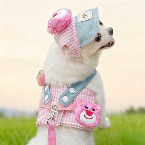 Layheld Cat Puppy Costume Sun Hat Leash Vest Harness 3pcs Set Cute Plaid Pattern Cartoon Plush Decor Pet Accessories for Cat Small Dog Gift Choice (Pink 3pcs Set,Medium)