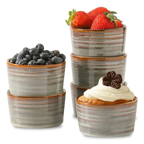 Hasense 6 oz Ceramic Ramekins, Set of 6 - Oven Safe Baking Dishes for Creme Brulee, Pudding, Lava Cake, Souffle, Ice Cream, Small Sauce Bowls, Porcelain Custard Cups, Country Farmhouse Style, Brown
