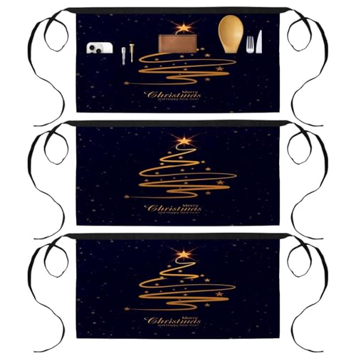 Lot de 3 tabliers courts avec 3 poches au motif Arbre Joyeux doré pour la cuisine et le bistrot