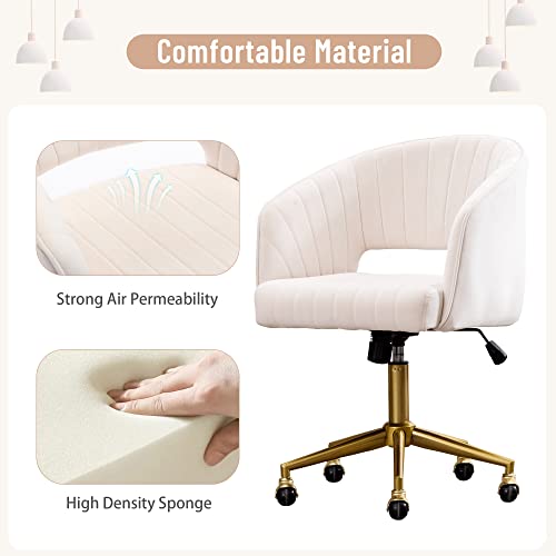 Abet Desk Chair With Wheels, Velvet Home Office Chair, Swivel Armchair Gold Base, Upholstered Modern Accent Chairs, Back Incline Adjustable For Living Room Bedroom Vanity, Off-White Cream #TOP5