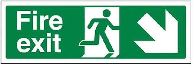 VSafety Fire Exit Arrow Down Right Sign - Landscape - 300mm x 100mm - 2mm Rigid Plastic