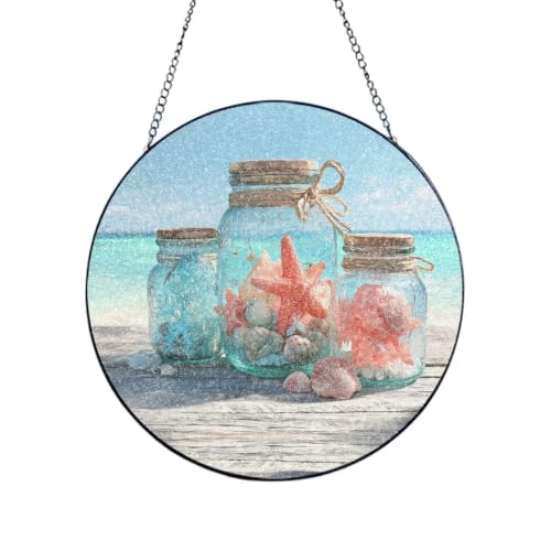 Groamaup Blue Sea Coral Starfish Shell Stained Glass Suncatcher 6in Christmas Housewarming Gift for Women Mom