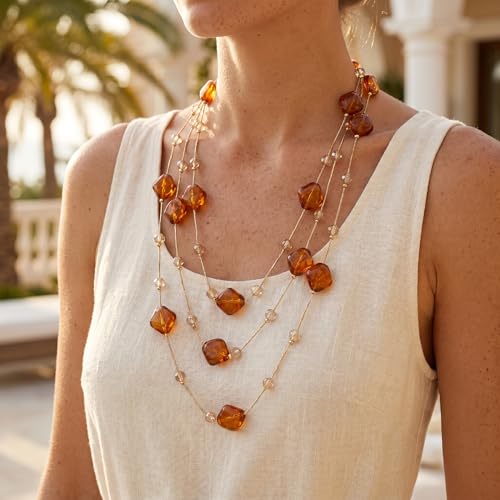 RINHOO Long Glass Bead Necklace for Women, Multi-Layer Design with Pearls & Copper Chain, Boho Chic Layering Chain Jewelry for Dress Sweater (67 Inch) (Brown) — view 3