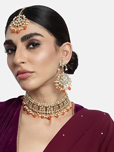 Image of Aheli Elegant Indian Faux Kundan Studded Choker Necklace with Maang Tikka Set Ethnic Wedding Wear Bharatanatyam jewellery set Gift for Women