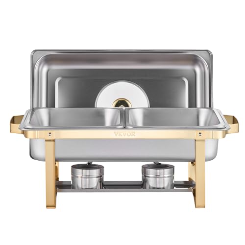 VEVOR Chafing Dish Buffet Set, 4 Qt 2 Pack, Stainless Steel Chafer with 4 Half Size Pans, Rectangle Catering Warmer Server with Glass Lid Water Pan Folding Stand Fuel Holder, for Wedding Party Banquet by VEVOR - Image 2
