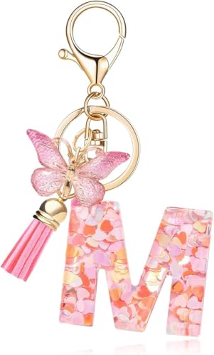 Image of GEOCARTER Lightweight Fashion Initial Letter Key Ring with Butterfly Pendant & Tassel, Stylish Purse Charm for Handbags, Car Keys, Gifts for Girls & Women