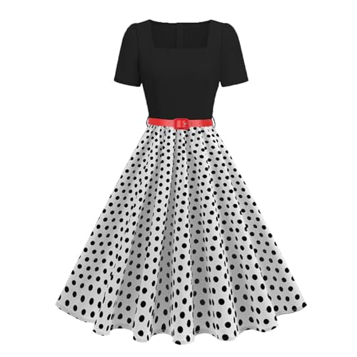 Image of EFOGEP 1950s Dresses for Women Vintage Polka Dots Floral Short Sleeve Rockabilly A-Line Swing Midi Tea Dress Cocktail Wedding Party Prom Work Office Formal 50s Retro Dresses White XXL