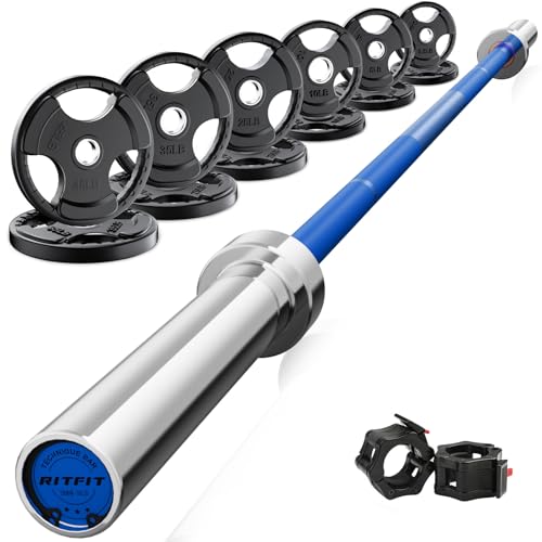 RitFit Barbell Weight Set, 6FT Silver/Blue Bar + 245LB Plates