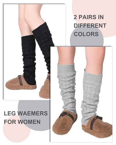 Shihanee 2 Pairs Winter Fleece Lined Leg Warmers for Women Warm Long Boot Socks Knit Thick Calf Warmers for Skating Walking2