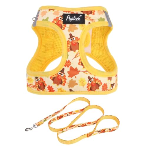 PUPTECK Dog Harness and Leash Set for Small Medium Dogs No Pull Step-in Soft Mesh Puppy Cat Vest Harnesses Reflective at Night Thanksgiving, Yellow Turkey, XS