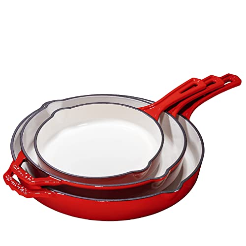 Bruntmor 8”, 10”, 12” Red Enamel Cast Iron Frying Pan Set Of 3 With Tempered Glass Lid, Oven Safe Cast Iron Skillet, Cast Iron Grill Pan Set, Nonstick Cookware For Casserole Dish #TOP6