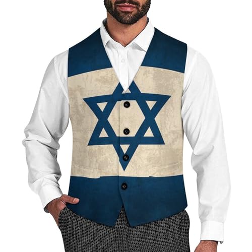 Vintage Israel Flag Funny Men's Formal Suit Vest Casual Business Dress Waistcoat Printed Vest Slim Fit
