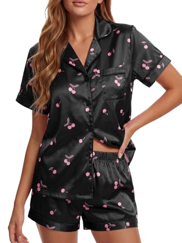 Image of LYANER Women's Satin Silky Pajamas Set Short Sleeve Button Shirt with Shorts Pjs Sleepwear Loungewear