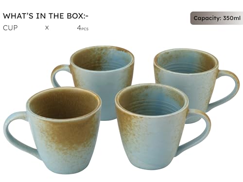Image of Bodhi House Handmade Reactive Glaze Ceramic Coffee Mug Set of 4 Pieces (350 Ml), Stoneware Tea Cup, Microwave Safe Large Milk Mug, Ideal for Daily use, Casual Gatherings and Gifting, Turquoise-Copper