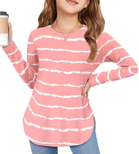 Arshiner Girls Long Sleeve T Shirts Round Neck Curve Hem Side Slit Basic Casual Loose Tunic Soft Tops