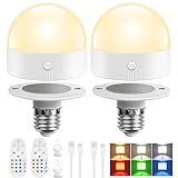 TJOY E26 Rechargeable Light Bulb with Remote and Timer, Battery Operated Bulb with 3 Color Temperatures and 15 RGB Colors, Dimmable Wireless LED Bulb for Lamps, Detachable Charging for Sconces, 2 Pack