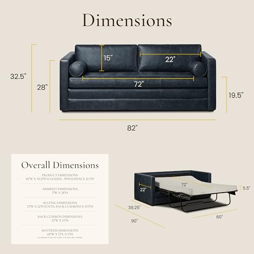 Image of Poly & Bark Napa 82 inch Leather Pull‑Out Sleeper Sofa - Full‑Grain Italian Leather Upholstery,Tri‑Layer Mattress & Storage Console -Sophisticated Multi‑Functional Sofa Bed for Living Rooms & Guest Spaces