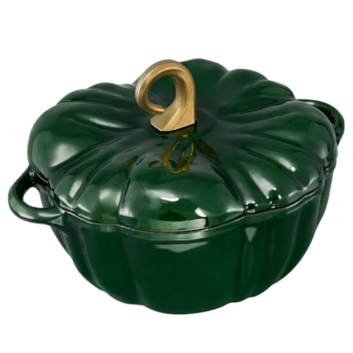 Flavehc Kürbis Dutch Oven Mit Deckel 3,8 Qt - Grün Emailliertes Gusseisen Topf für Brot Backen Mit Griffen – Ansicht 4