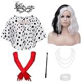 Hitormoon Women Cruella Deville Costume Adult Dalmation Shawl Faux Stole Scarf Halloween Costumes Fancy Dress Cosplay with 6Pcs Accessories Red Gloves Necklace Bracelet Wig Mask C-Holder HN005