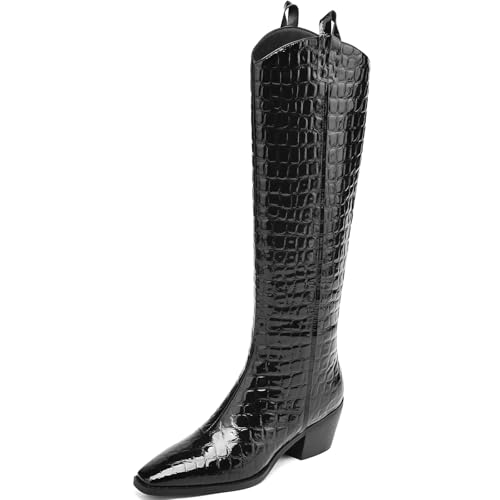 Knee High Boots Women Riding Boots Pointed Toe Tall Boots Chunky Heel Faux Leather Crocodile Western Pattern