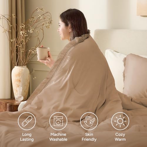 Image of Andency Taupe Comforter Set King Size, 3 Pieces Boho Tassel Lightweight Bedding Comforter Sets for King Bed, Tan All Season Soft Fluffy Fringe Bed Set (104x90In Comforter & 2 Pillowcases)