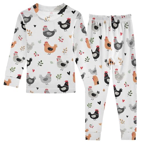 Pajama Sets Long Sleeve Chicken Pattern with Hearts Soft Comfy Sleepwear 2 Piece PJS 3-8T