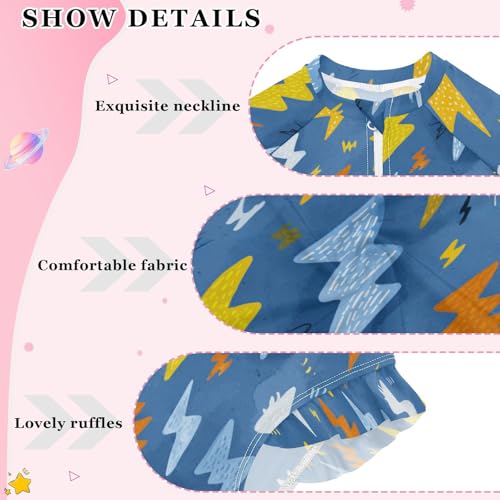Girls'Swimwear Swimsuit Rash Guard,Lightning Bolt Pattern Print Long Sleeve One Piece Bathing Suits for Kids Toddlers,Quick Dry Swimming Suit Zipper 4T4