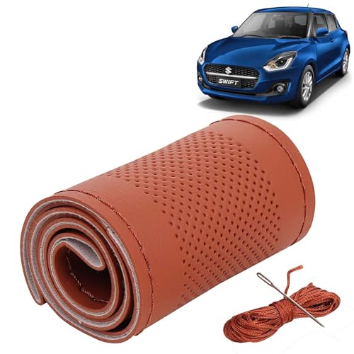 Image of KINGSWAY PU Leatherite Car Steering Cover Sewable Compatible with Maruti Suzuki Swift (Year 2021 Onwards), Tan Color with Tan Thread, Pack of 1 with Sewing Needle and Thread