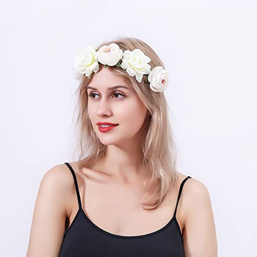 Flower Crown Rose Peony Garland Headband Hair Wreath Floral Headpiece with Adjustable Ribbon Wedding Festival Party (white) - Image 2