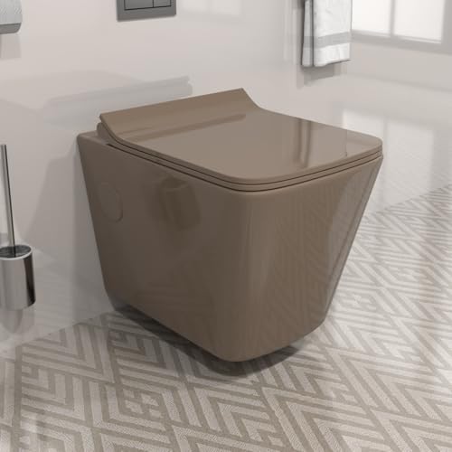 Image of B Backline Rimless Wall Hung Western Toilet Commode | Wall Mounted Water Closet with Soft Close Seat Cover | P Trap Outlet from Wall | Commode for Bathroom (Brown Glossy, 52 x 35 x 36 cm)
