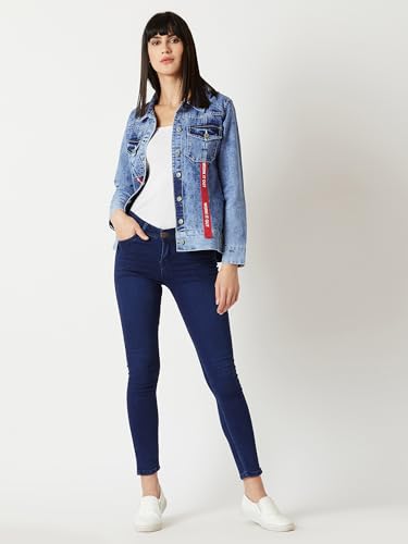 Image of Miss Chase Women's Polo Neck Full Sleeves Patch Pocket Denim Overcoat Knee-Length Jacket